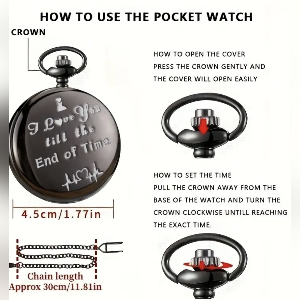 New Black Pocket Watch with Engraving, I Love You Till The End Of Time, T1MISB4E - Picture 4 of 4